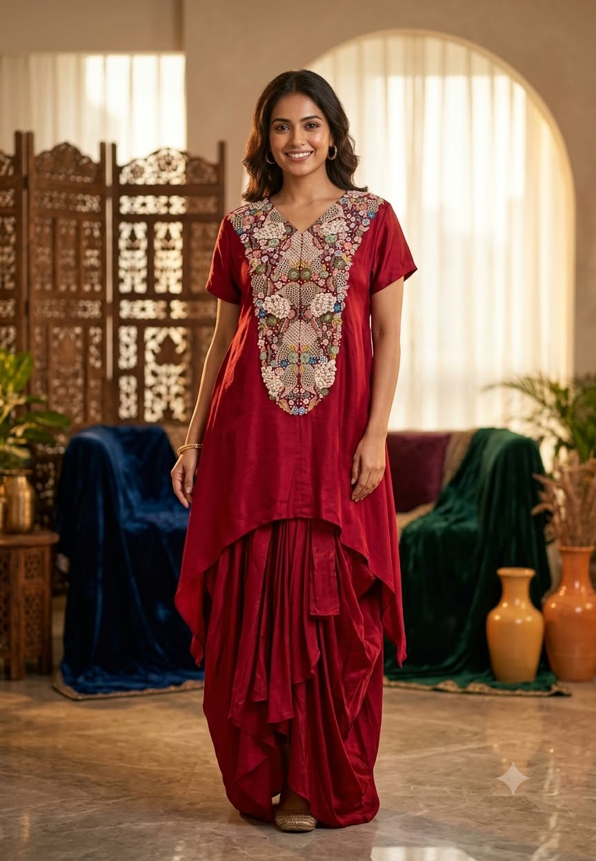 Popped 3D Multicolor Floral Embroidery Designer Look Indo-Wear High-Low Kurta With Dhoti Botttom- 16417