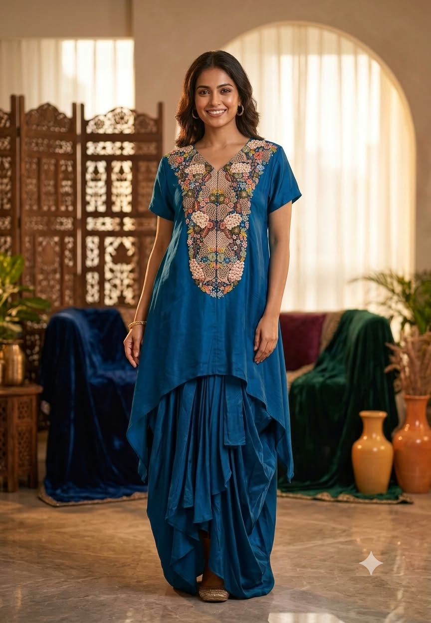 Popped 3D Multicolor Floral Embroidery Designer Look Indo-Wear High-Low Kurta With Dhoti Botttom- 16417
