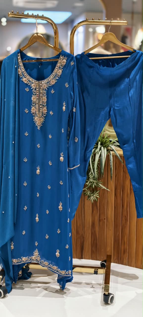 Royal Blue Beautiful Elegant Subtle Handwork Chinon Pakistani A-Line Full Suit Set With Dupatta- 16430