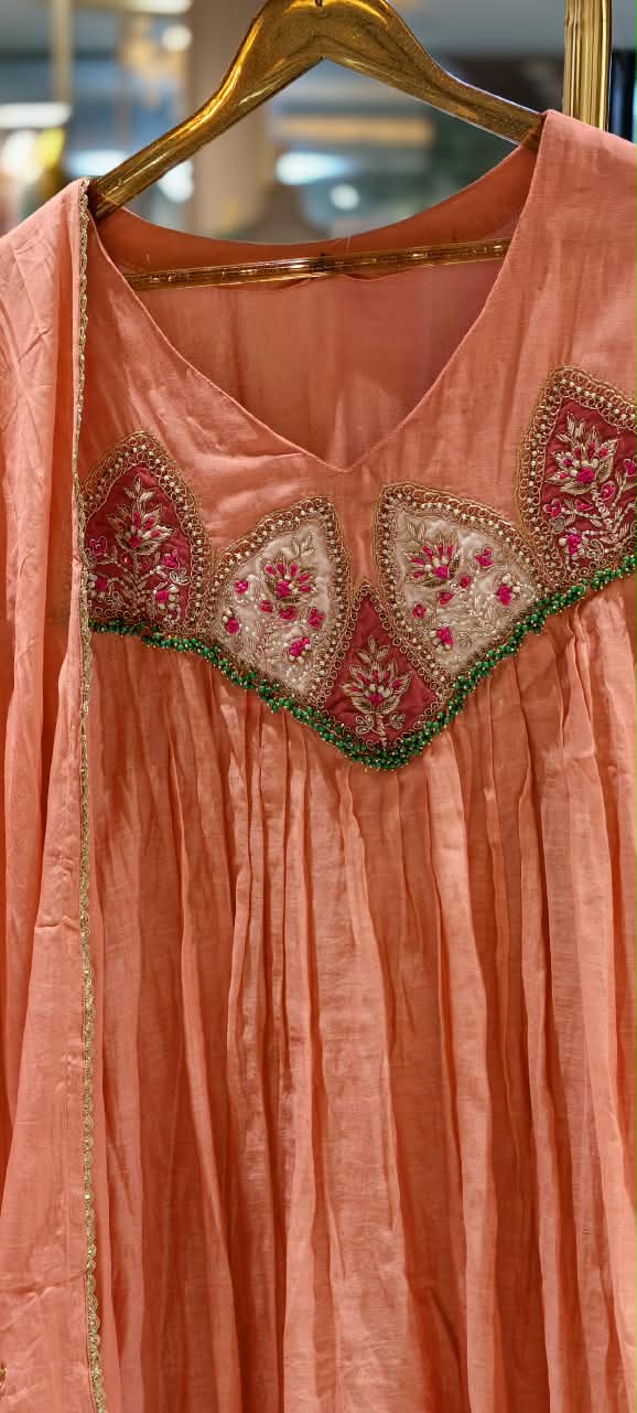 Elegant Multicolor Tiny Highlights Embroidered A-Line Mul-Chanderi Full Suit Set With Dupatta- 16437