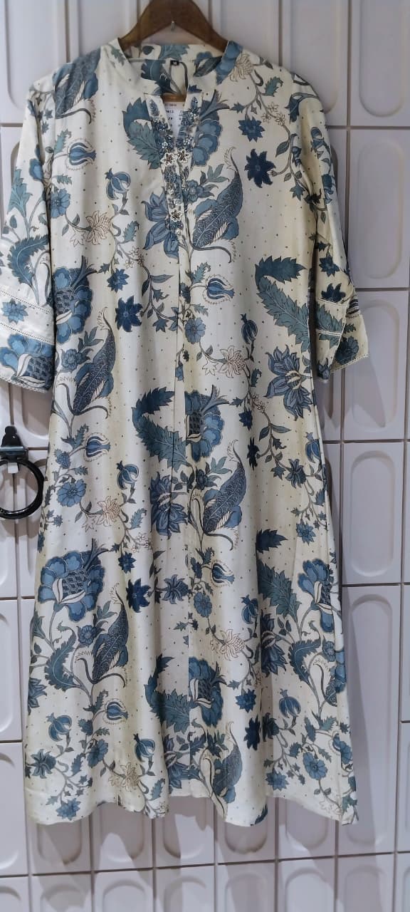 Cream Base & Slate Blue Mughal Floral Printed Kurti- 16387