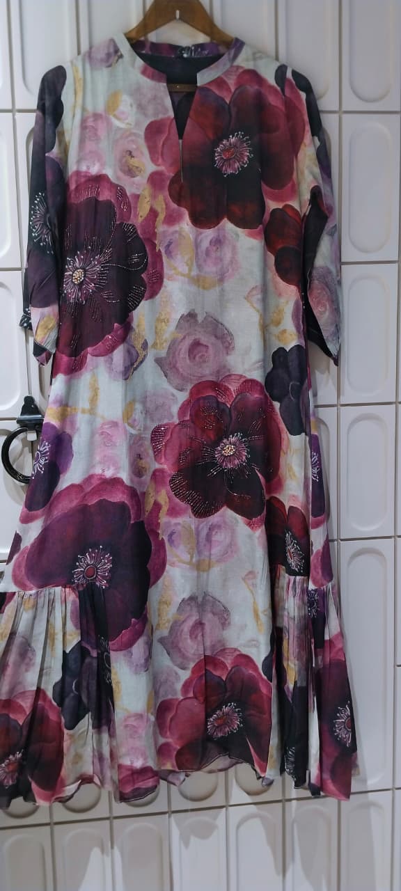 Wine Floral Elegance Shimmer Beaded Touch Side Pleated Ankle Length Frock- 16257