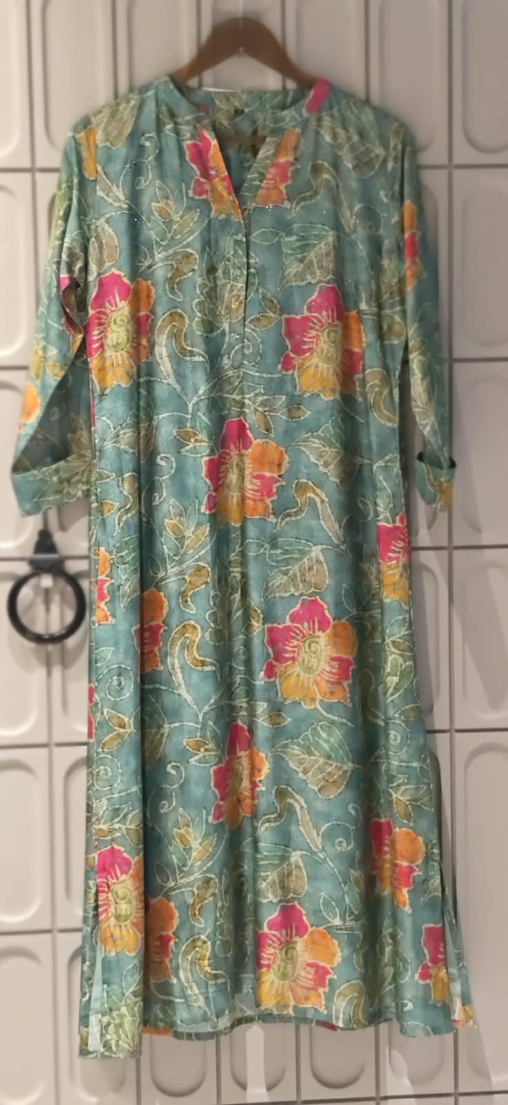 Sea Green Floral Batik Print Notch-Neck Kurti- 16263