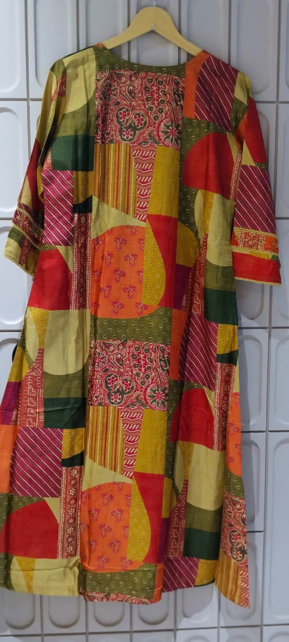 Multicolor Geometric Patchwork & Kalamkari Print A-Line Kurti- 16469