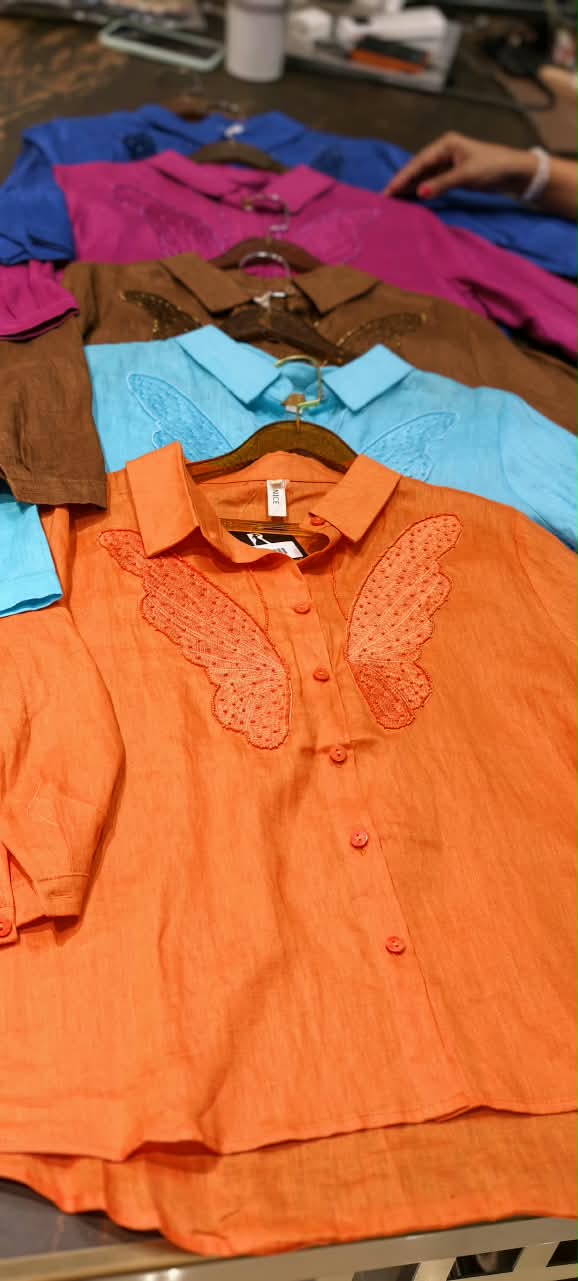 Butterfly Radiance Beaded Embroidery Solid Shade Imported Pure Linen Shirt- 16337