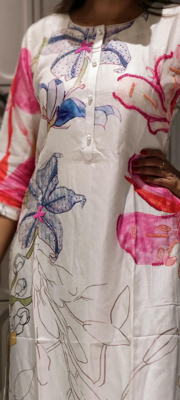 Off-White Watercolor Floral Print V-Placket Kurti- 16475