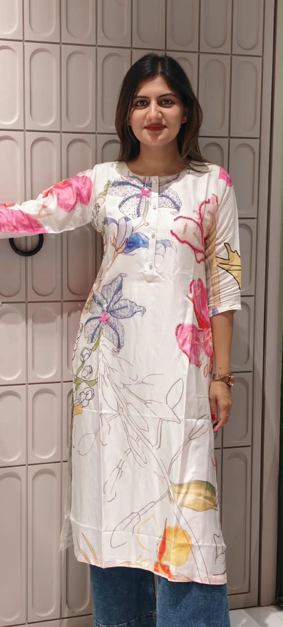 Off-White Watercolor Floral Print V-Placket Kurti- 16475