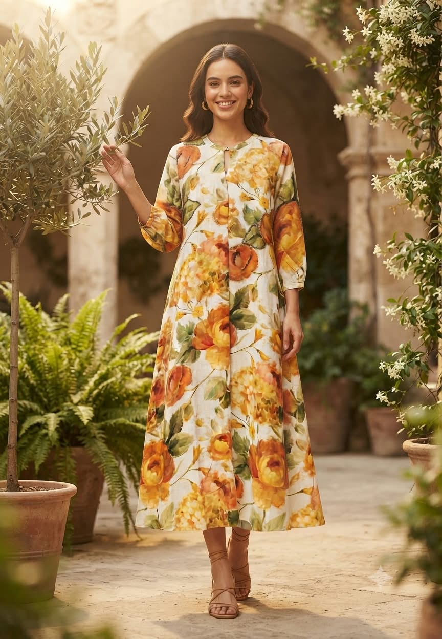 Tie-Dye Watermark Floral Print Shimmer Highlight Russian Silk Frock- 162774, 16277