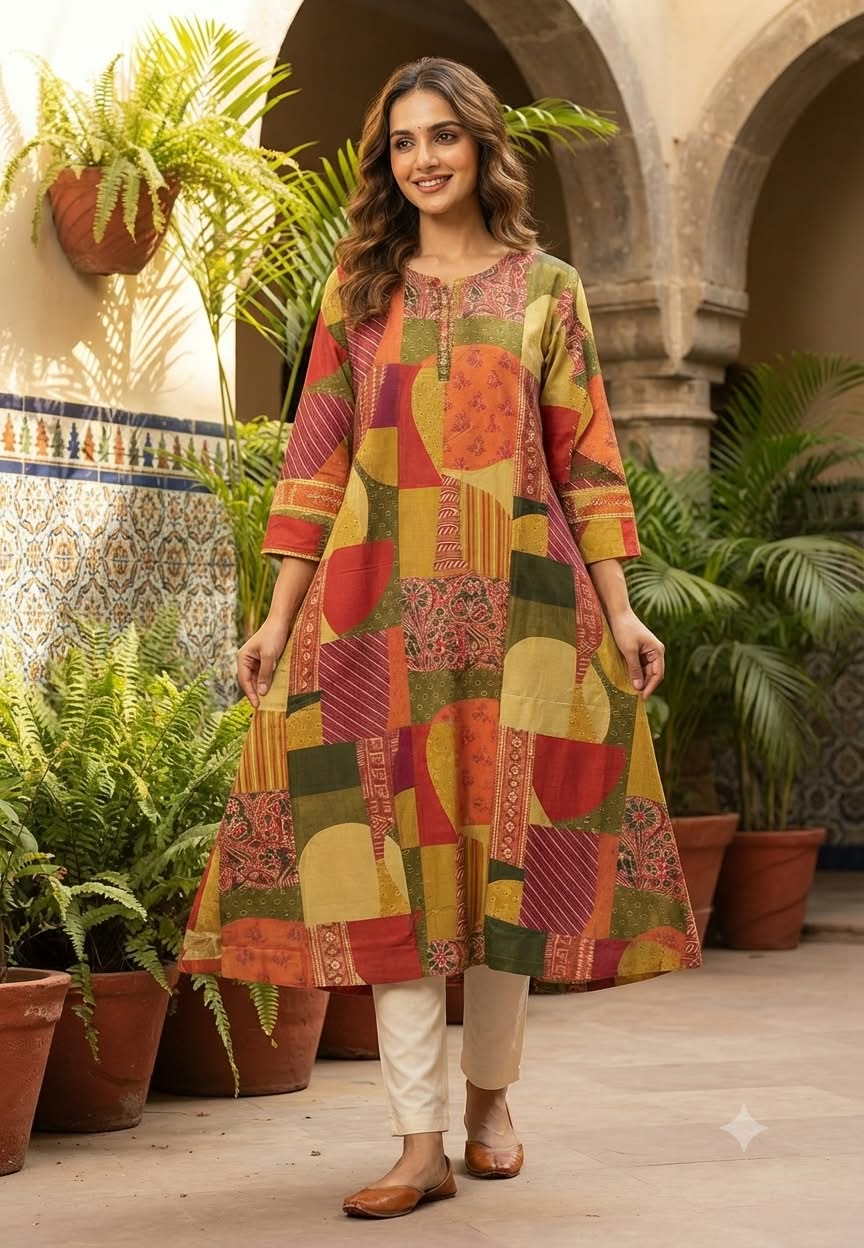 Multicolor Geometric Patchwork & Kalamkari Print A-Line Kurti- 16469