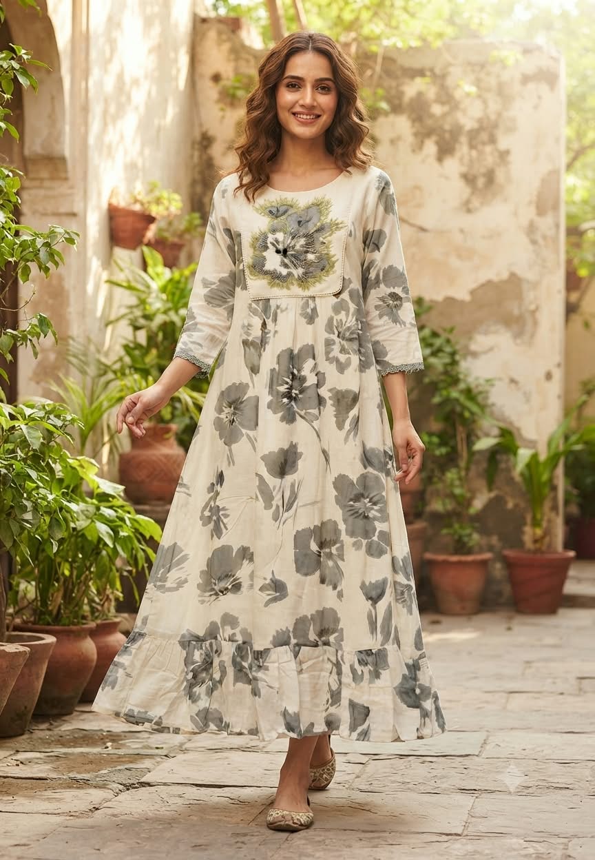 Pure Georgette Graceful Floral Print Cut-Dana 3D Embroidered Yoke Frock- 16474, 16478