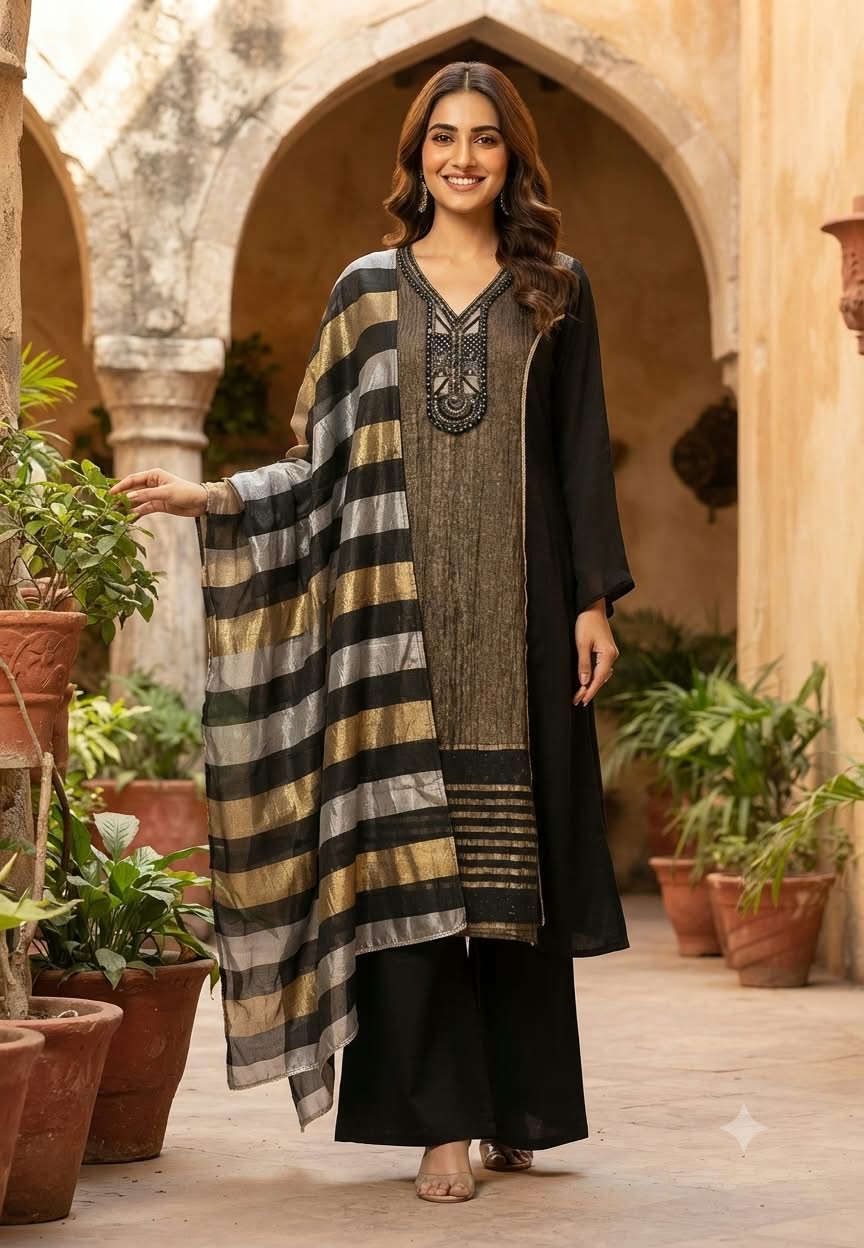 Chinon & Tissue Touch Glamrous Black Full Suit Set With Dupatta With Golden Highlights- 16452