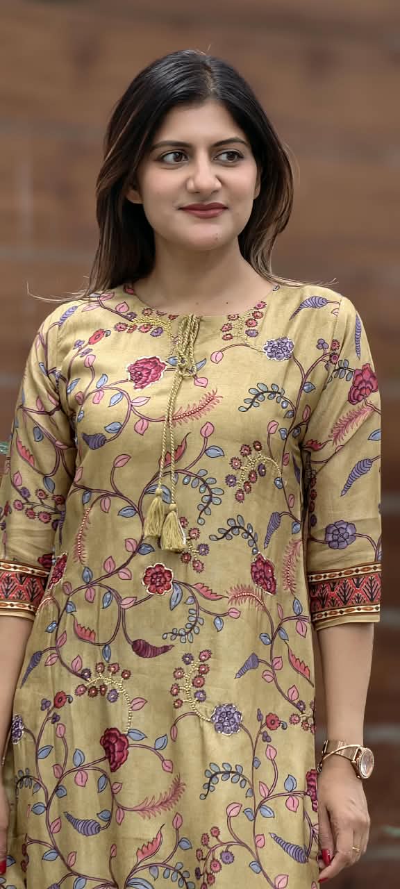 Muted Yellow Vine & Floral Jaal Print Round Neck Kurti- 16259