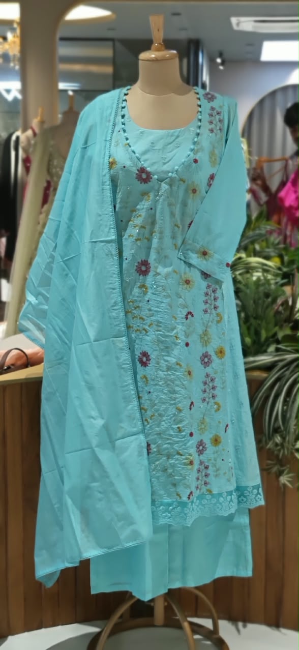 Pastel Hue Embroidered Bustier With A-Line Outer Full Suit Set Matching Bottom In Surat Mul-Chanderi Fabric- 16491
