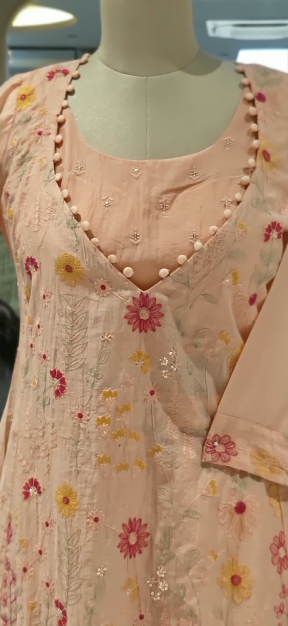 Pastel Hue Embroidered Bustier With A-Line Outer Full Suit Set Matching Bottom In Surat Mul-Chanderi Fabric- 16491