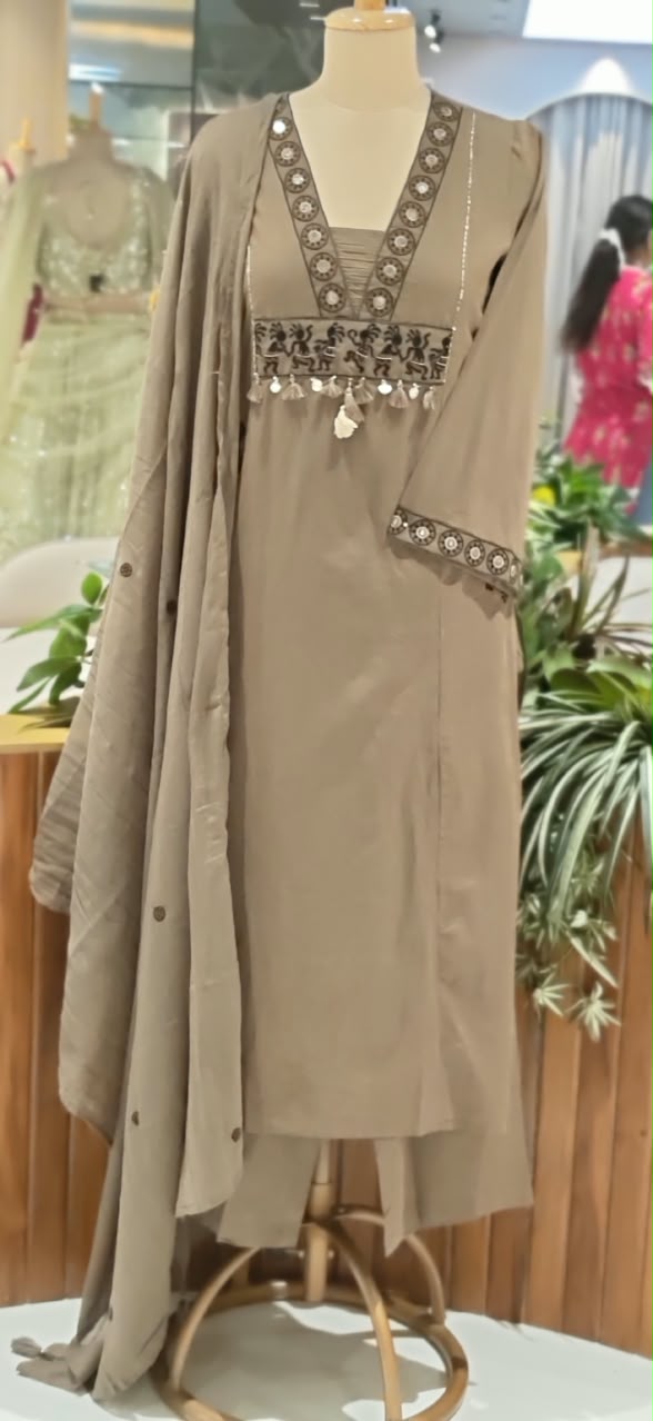 Tribal Inspired Dancing Motifs Pocket Elegance Cotton Full Suit Set With Dupatta- 16490
