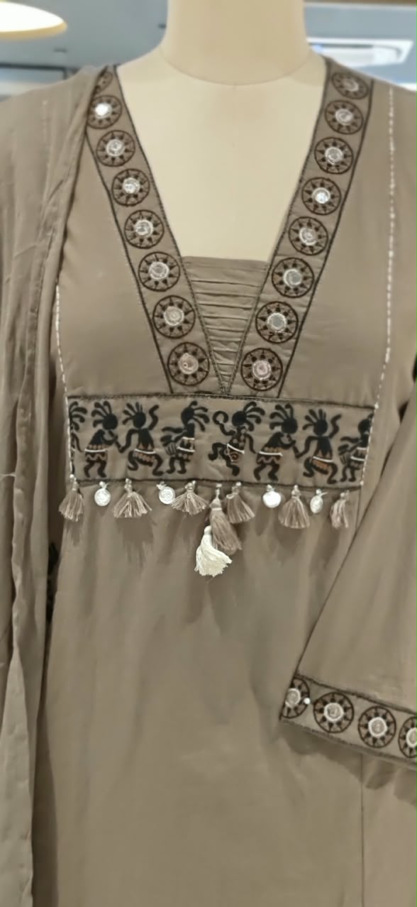 Tribal Inspired Dancing Motifs Pocket Elegance Cotton Full Suit Set With Dupatta- 16490