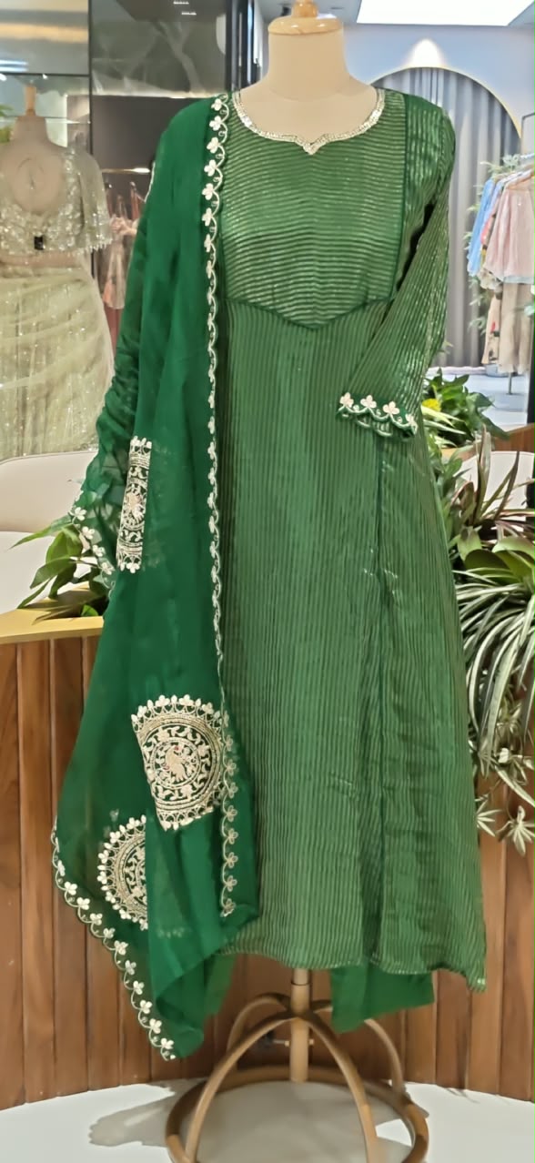Golden Striped Elegance WIth Gotta Detailings Tissue A-Line Full Suit Set With Dupatta- 16483