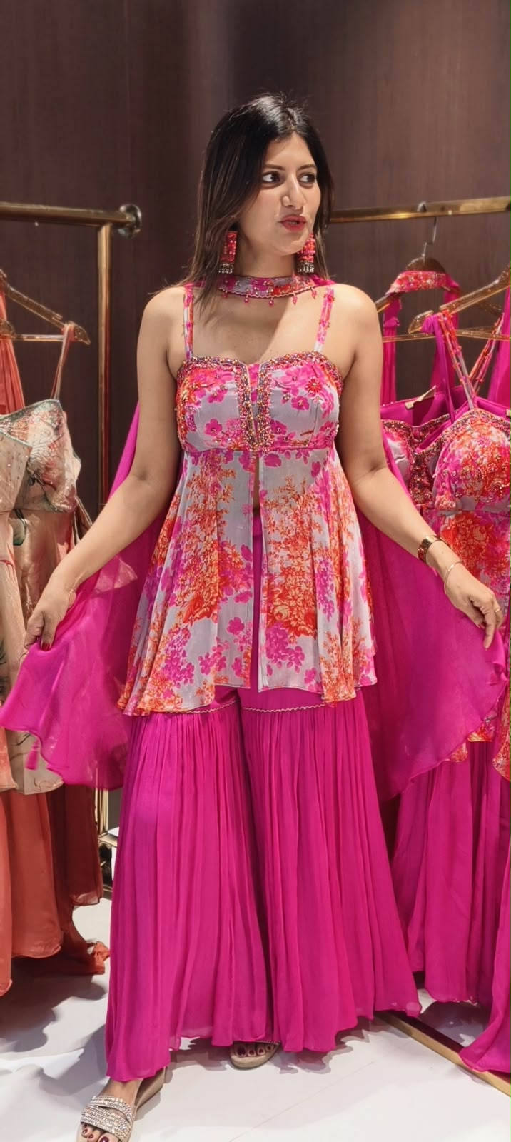 Fuchsia Hot Pink Floral Bustier Peplum Kurti & Pleated Sharara Set with Matching Neck Band Chowker Dupatta- 12758