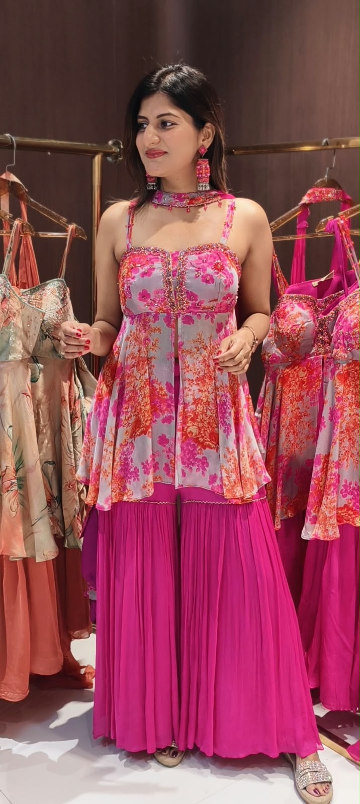 Fuchsia Hot Pink Floral Bustier Peplum Kurti & Pleated Sharara Set with Matching Neck Band Chowker Dupatta- 12758