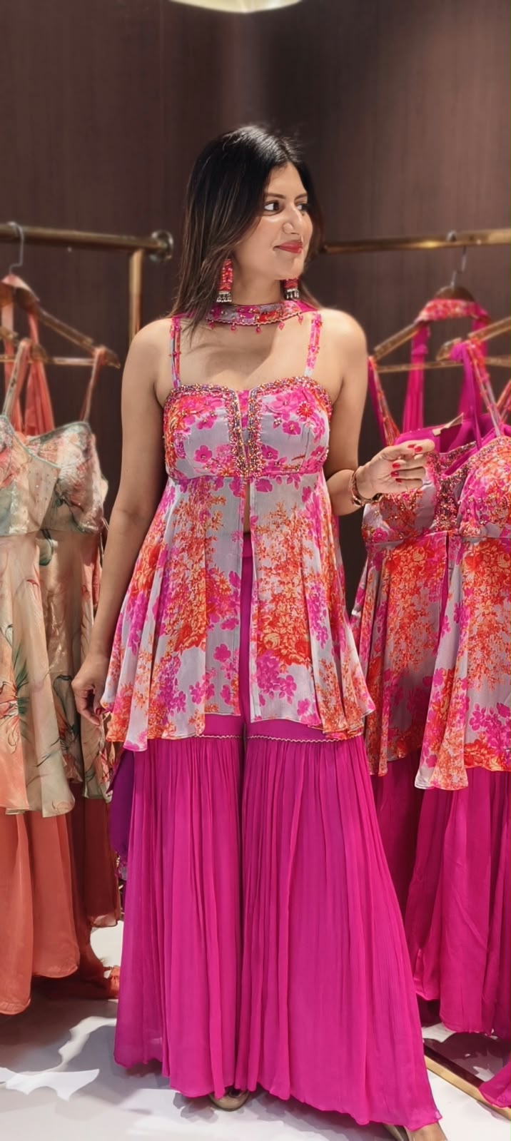 Fuchsia Hot Pink Floral Bustier Peplum Kurti & Pleated Sharara Set with Matching Neck Band Chowker Dupatta- 12758