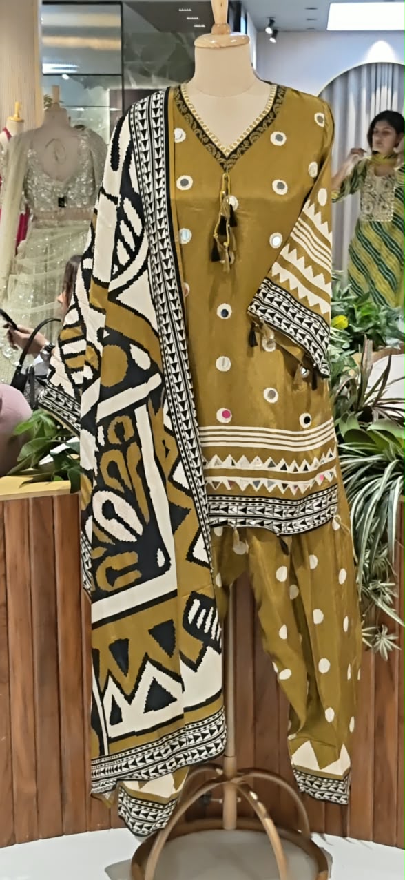 Geometric Real Mirror Touch Abstract Print Muslin Full Suit Set With Dupatta & Farshi Salwar- 16456 Lean Fit