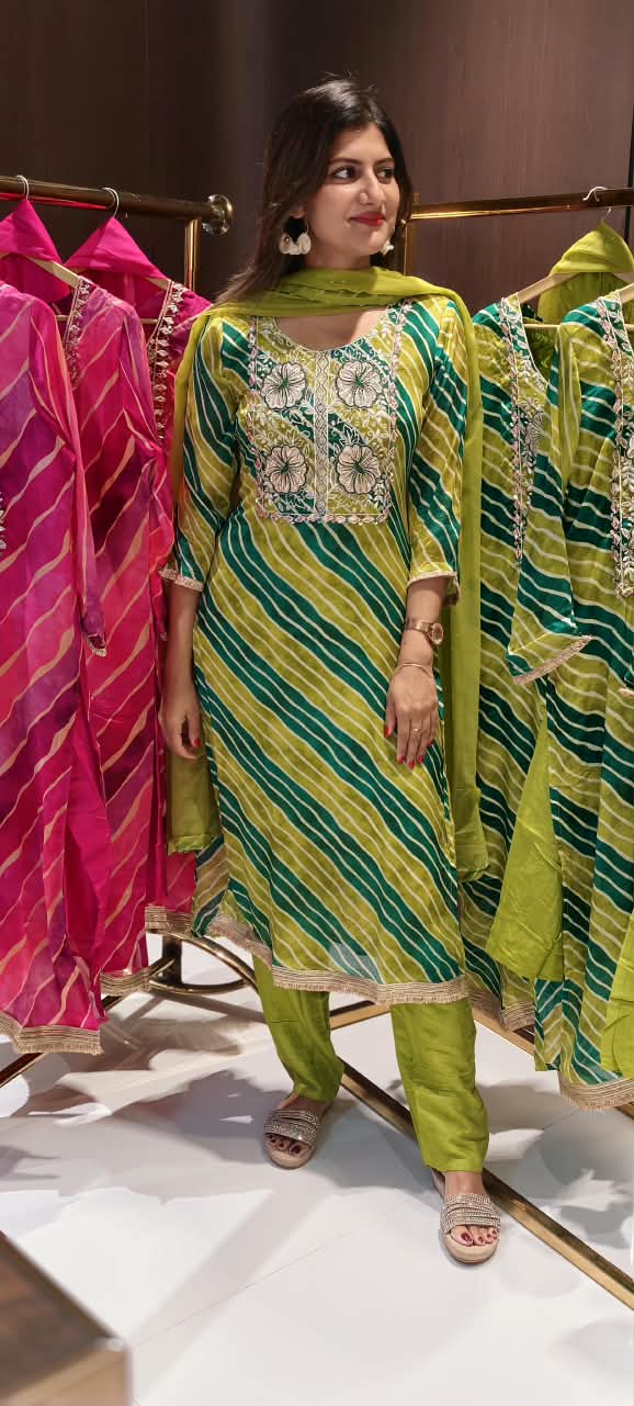 Leheriya Grace Floral Intricate Embroidered Boxed Yoke Chinon Full Suit Set With Dupatta- 16455