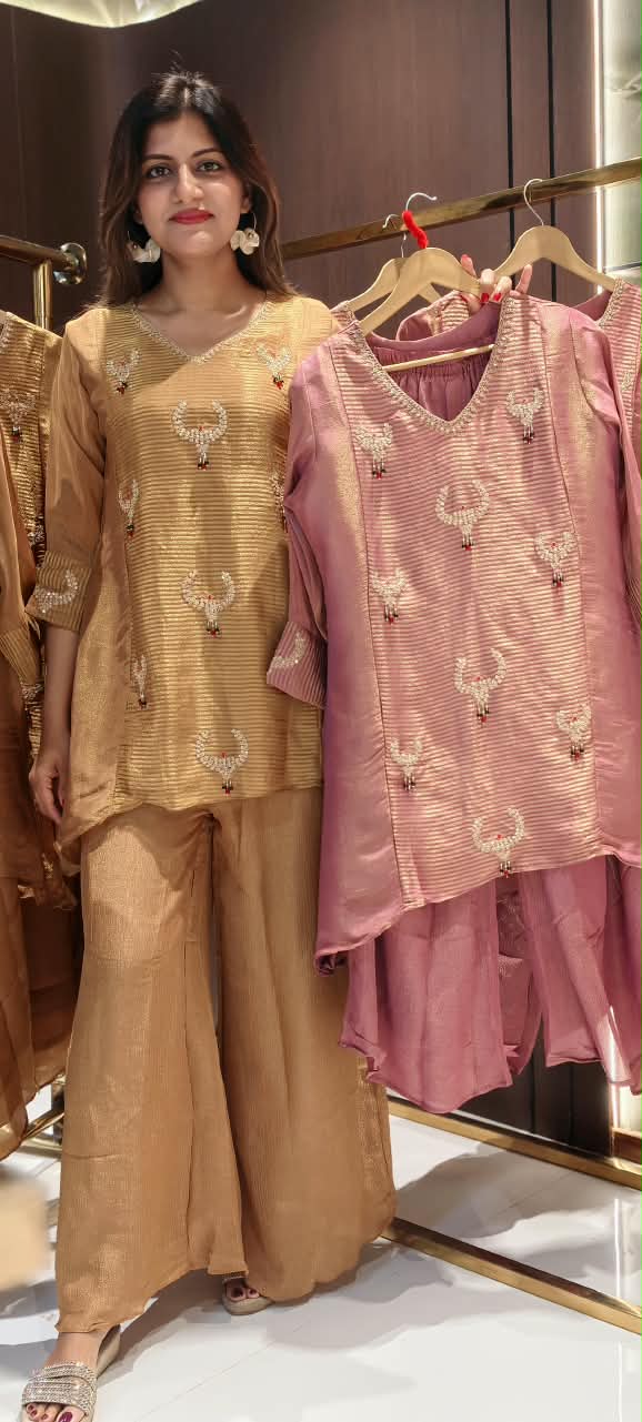 Butter Shine Tissue Elegance Kundan Look Embroidered Side Panels Kurta With Loose Palazzo Bottom Set- 16459