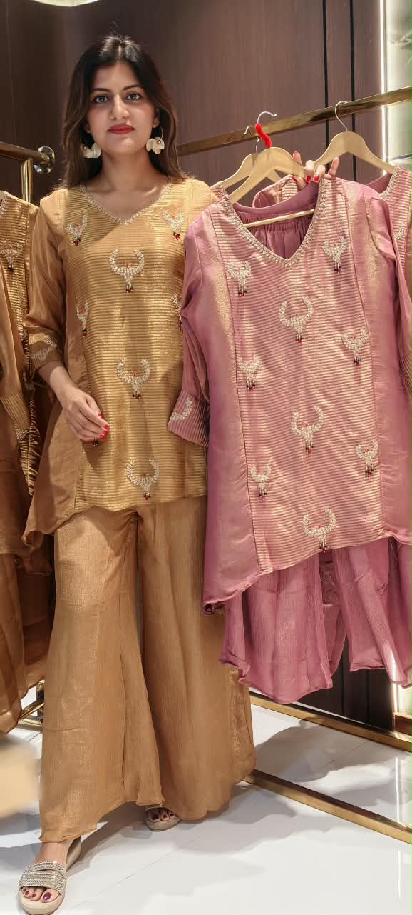 Butter Shine Tissue Elegance Kundan Look Embroidered Side Panels Kurta With Loose Palazzo Bottom Set- 16459