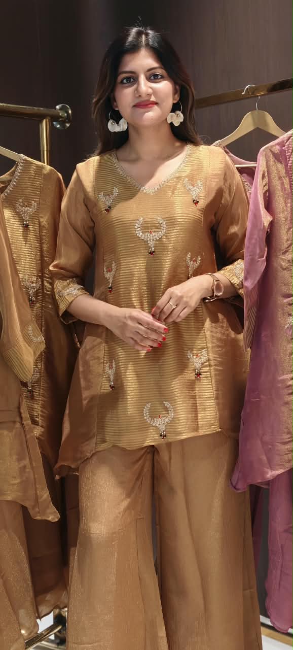 Butter Shine Tissue Elegance Kundan Look Embroidered Side Panels Kurta With Loose Palazzo Bottom Set- 16459