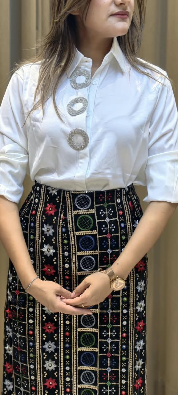Collared Long Sleeve Button-Up Shirt with Embellished Ring Button Placket- 16182