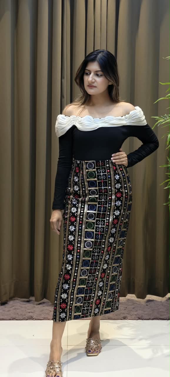 Off-The-Shoulder Ruched White Overlay Fitted Long Sleeve Top- 16146