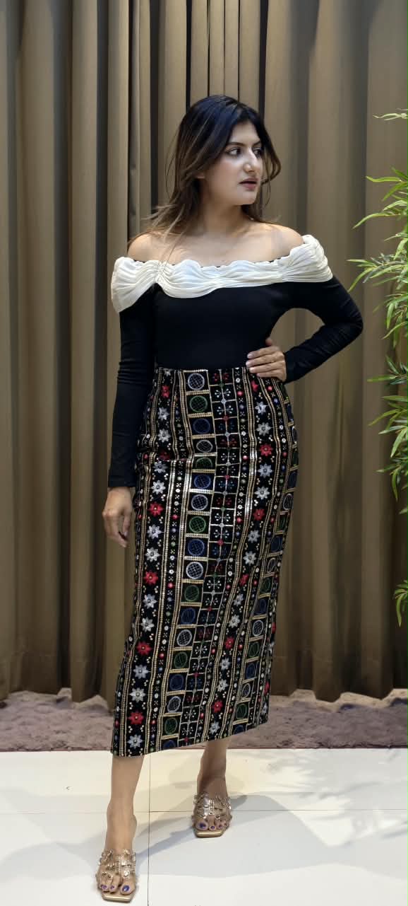 Off-The-Shoulder Ruched White Overlay Fitted Long Sleeve Top- 16146