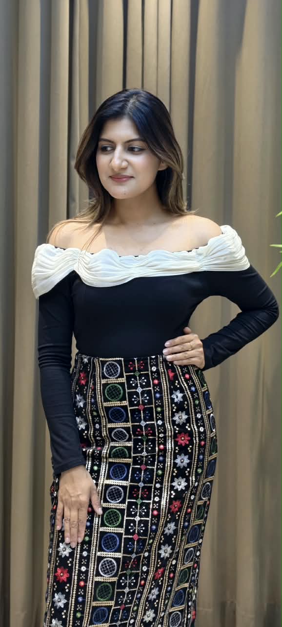 Off-The-Shoulder Ruched White Overlay Fitted Long Sleeve Top- 16146
