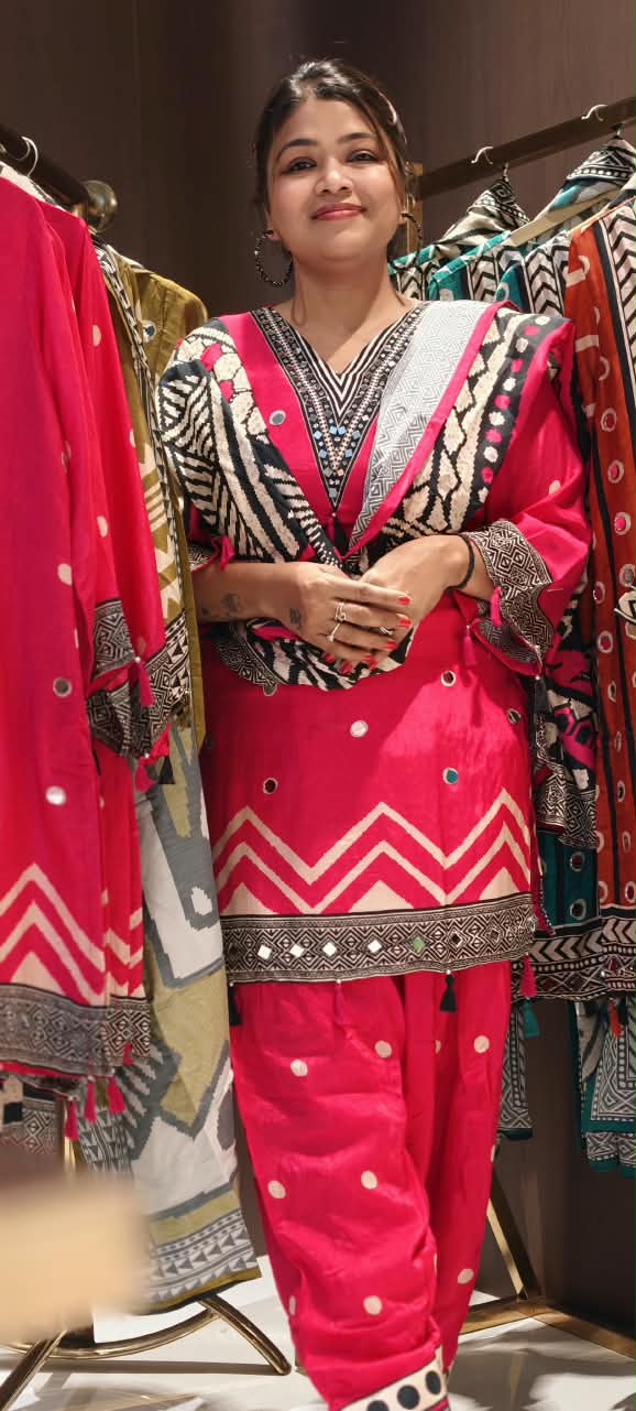 Geometric Real Mirror Touch Abstract Print Muslin Full Suit Set With Dupatta & Farshi Salwar- 16456 Lean Fit