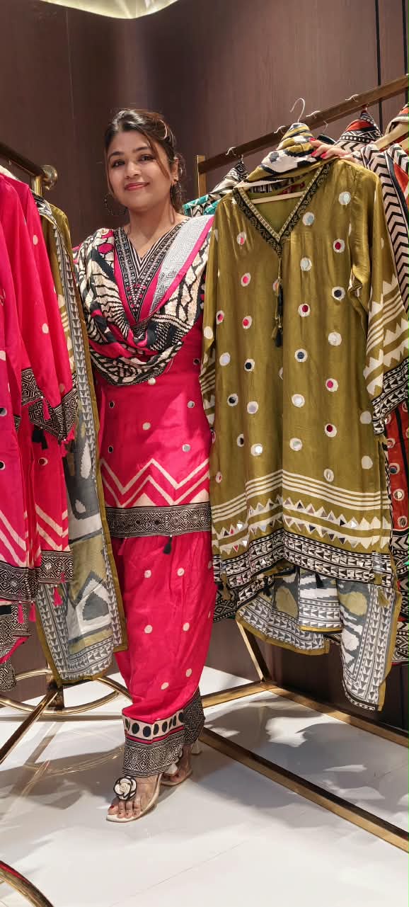 Geometric Real Mirror Touch Abstract Print Muslin Full Suit Set With Dupatta & Farshi Salwar- 16456 Lean Fit