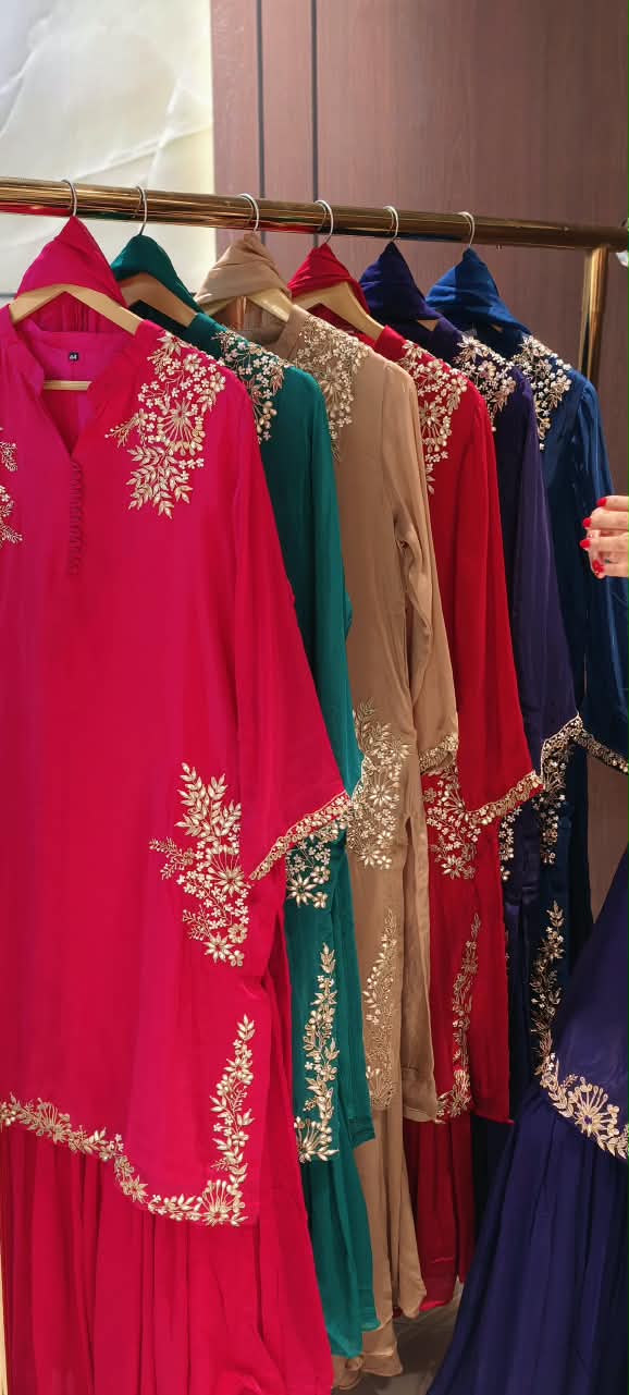 Butter Shine Crepe Delicate Embroidery Solid Shade Crepe Full Suit Set With Sharara Bottom & Dupatta- 16488