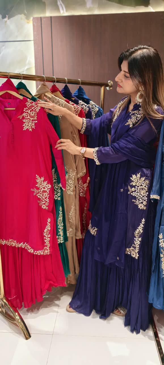 Butter Shine Crepe Delicate Embroidery Solid Shade Crepe Full Suit Set With Sharara Bottom & Dupatta- 16488