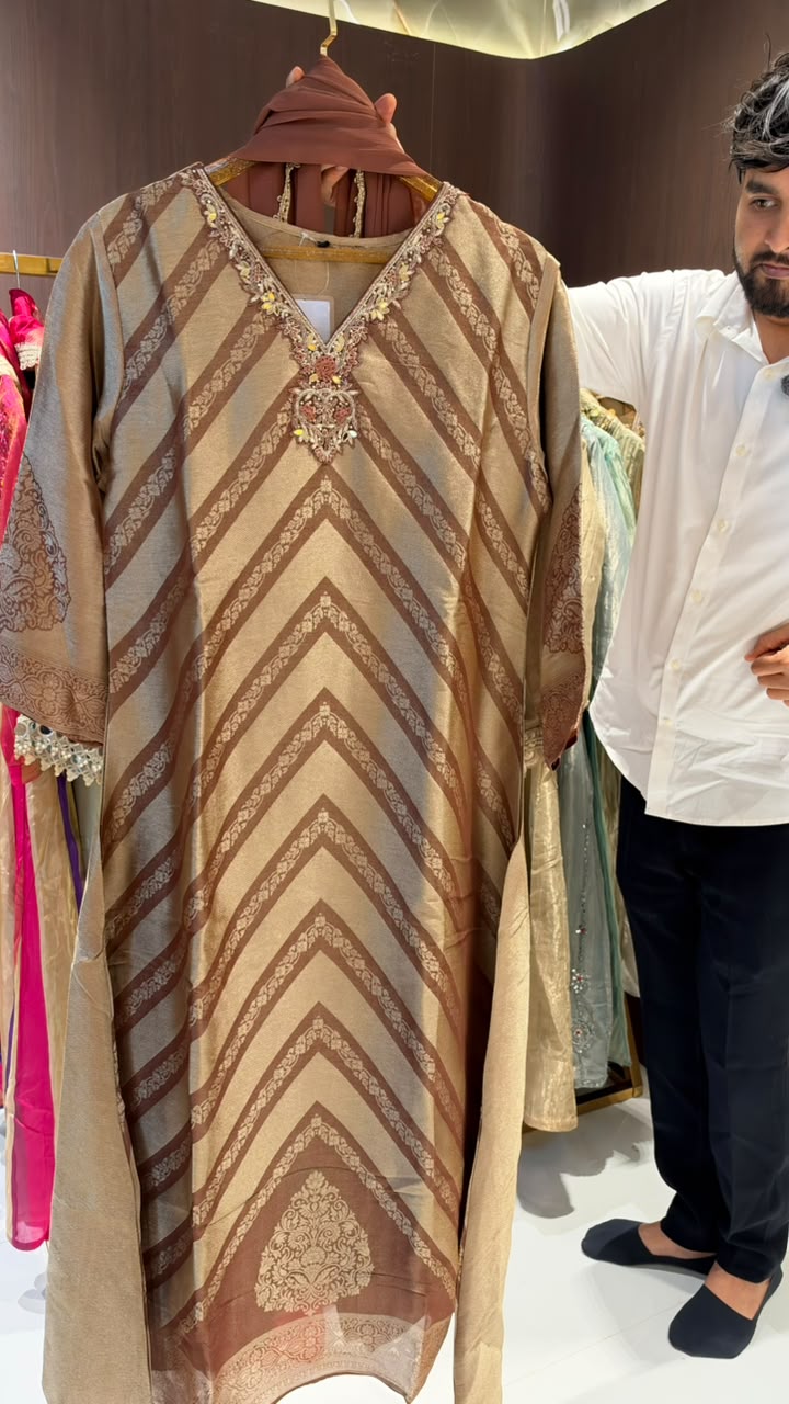Chocolatey Inspired Striped Elegance Brocade Touch Tissue A-Line Full Suit Set With Dupatta- 16381