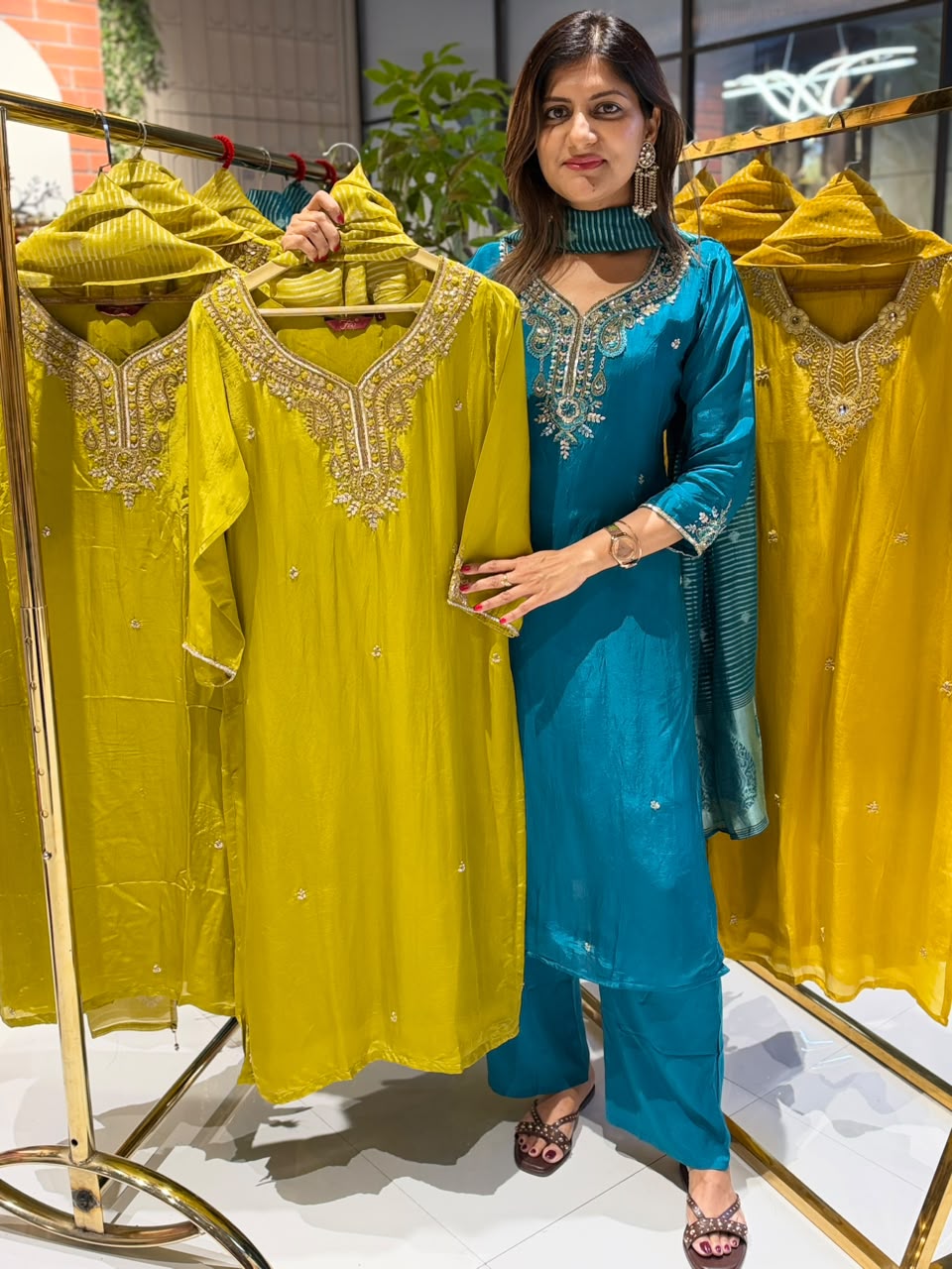 Chartreuse Festive Handcrafted Ho Silk Solid Matching Full Suit Set With Striped Dupatta- 16453