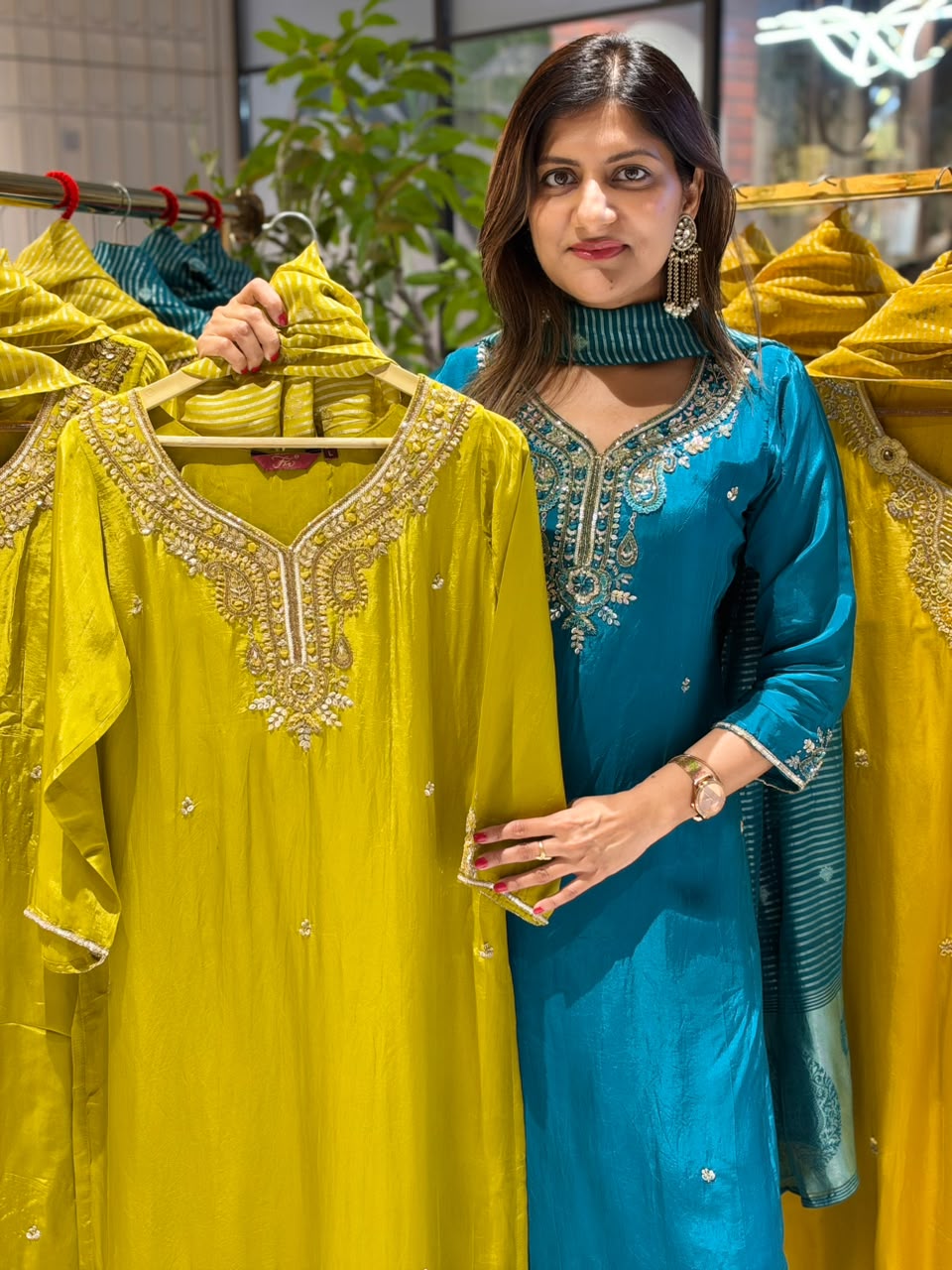 Chartreuse Festive Handcrafted Ho Silk Solid Matching Full Suit Set With Striped Dupatta- 16453