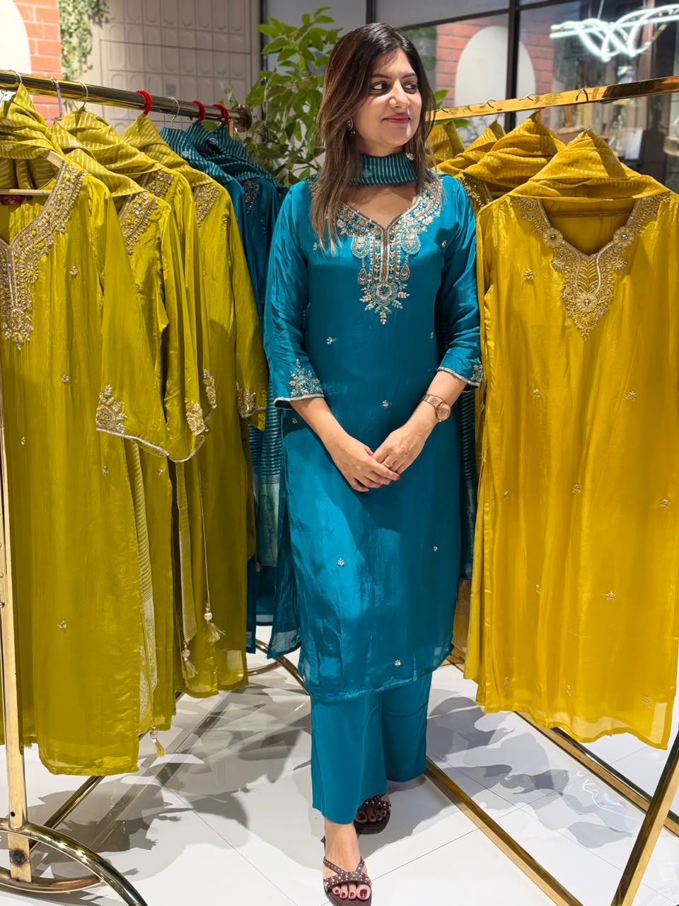 Chartreuse Festive Handcrafted Ho Silk Solid Matching Full Suit Set With Striped Dupatta- 16453