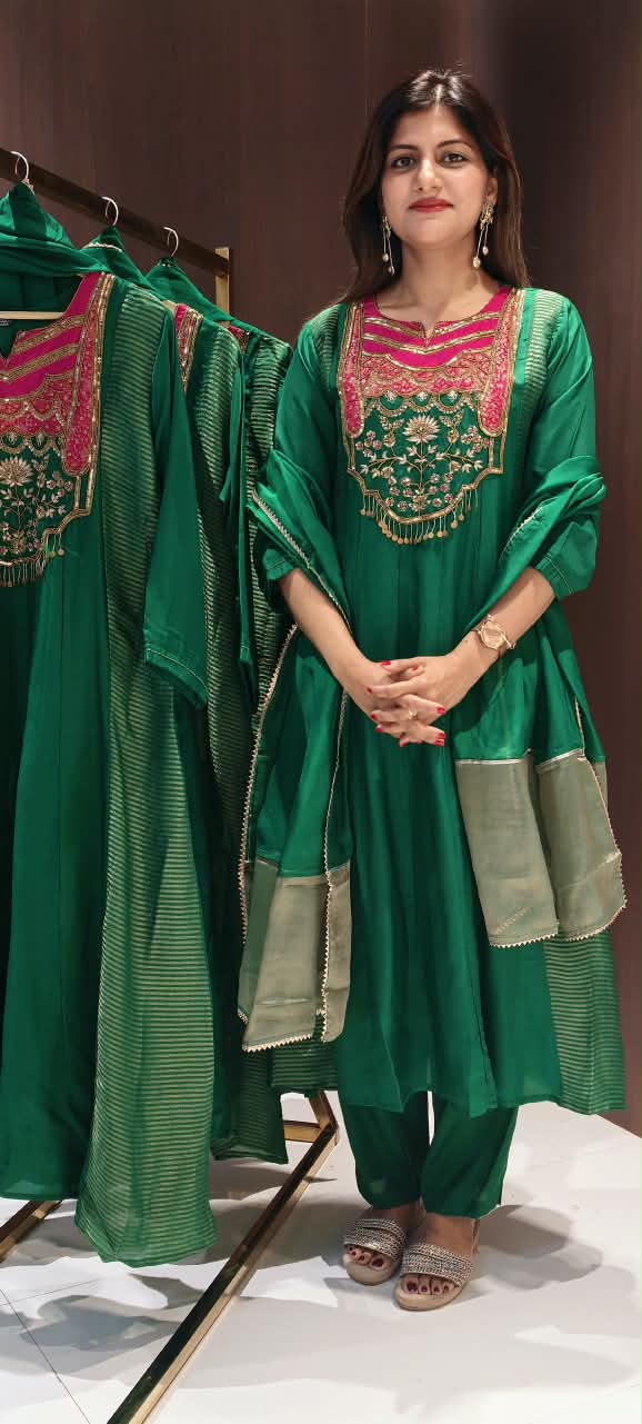 Royal Sequin Zardosi Embroidered Russian Silk Panel Anarkali Full Suit Set With Dupatta- 16484