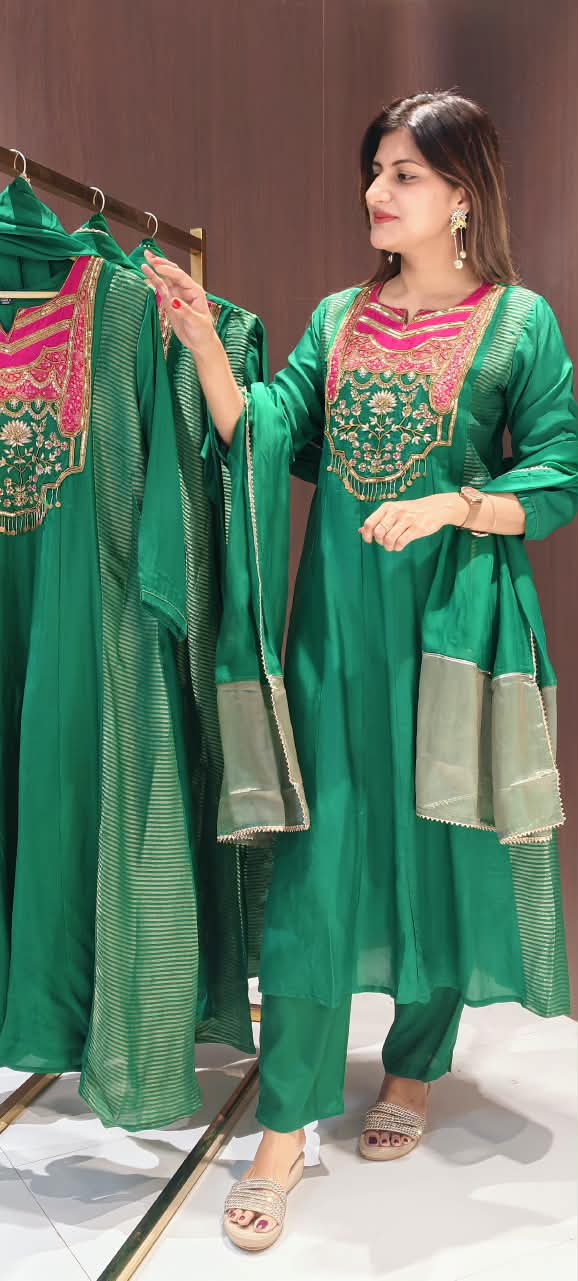 Royal Sequin Zardosi Embroidered Russian Silk Panel Anarkali Full Suit Set With Dupatta- 16484