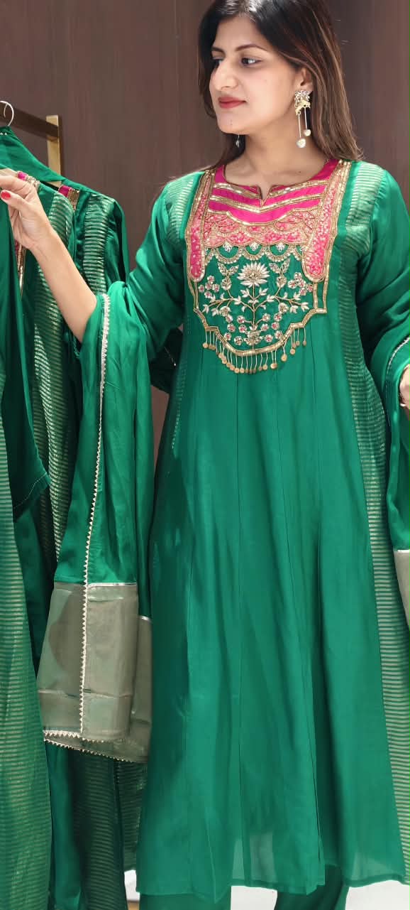 Royal Sequin Zardosi Embroidered Russian Silk Panel Anarkali Full Suit Set With Dupatta- 16484