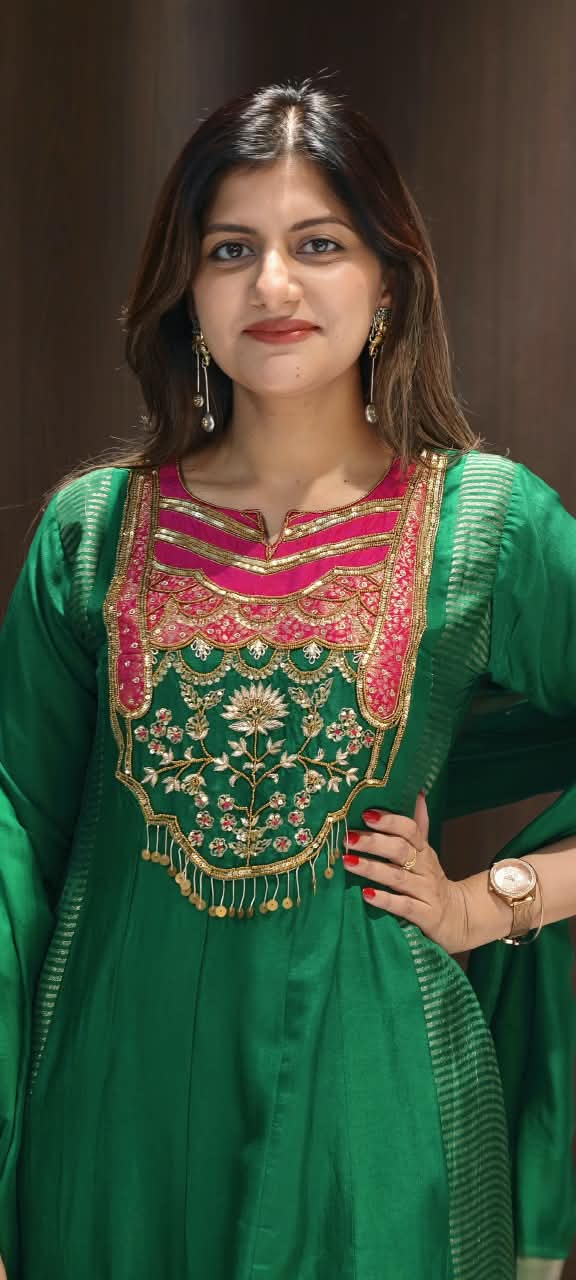 Royal Sequin Zardosi Embroidered Russian Silk Panel Anarkali Full Suit Set With Dupatta- 16484