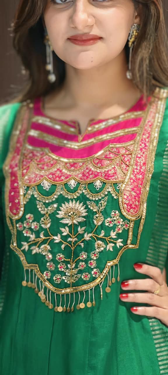 Royal Sequin Zardosi Embroidered Russian Silk Panel Anarkali Full Suit Set With Dupatta- 16484
