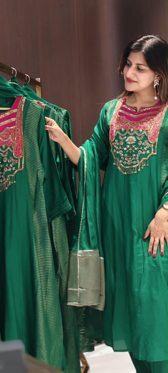 Royal Sequin Zardosi Embroidered Russian Silk Panel Anarkali Full Suit Set With Dupatta- 16484