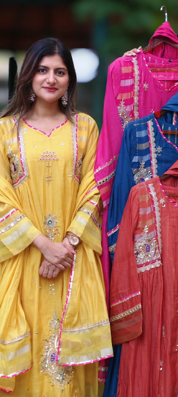 Real Mirror Heavy Embellished Work Beautiful Shades A-Line Mul-Chanderi Full Suit With Dupatta- 16485