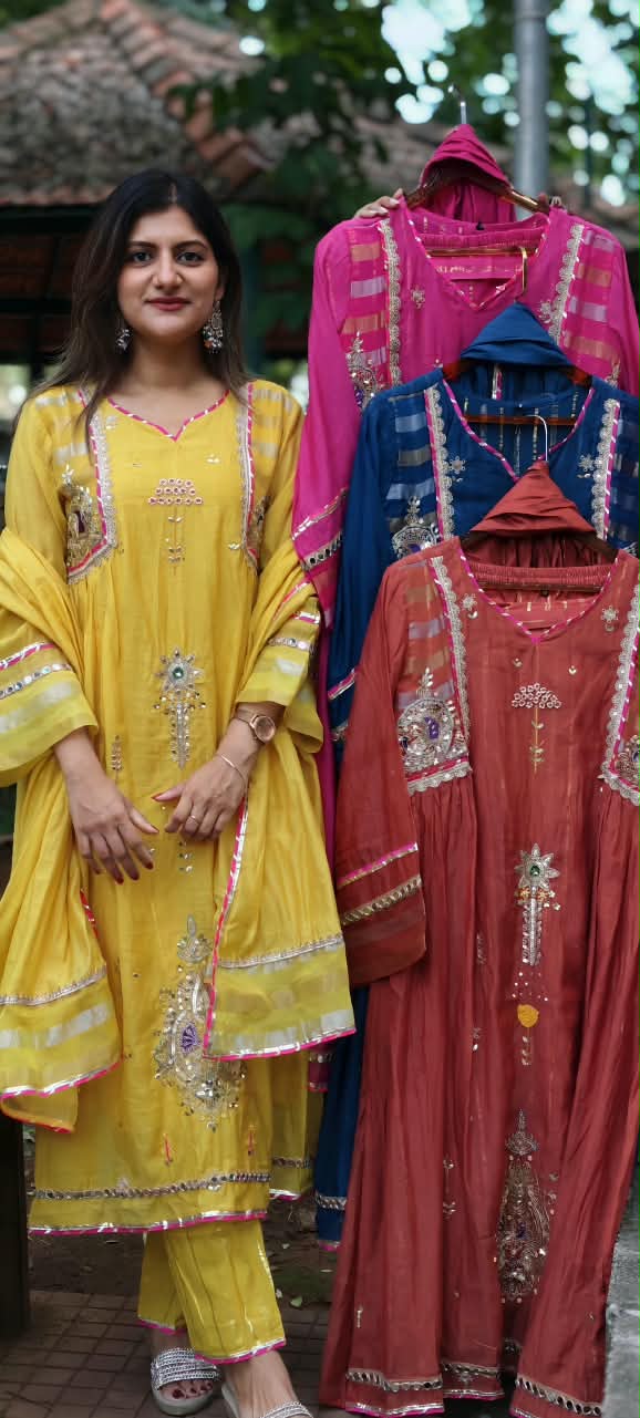 Real Mirror Heavy Embellished Work Beautiful Shades A-Line Mul-Chanderi Full Suit With Dupatta- 16485