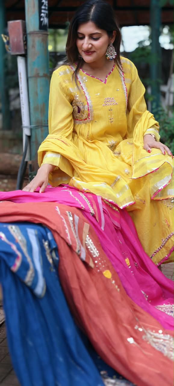 Real Mirror Heavy Embellished Work Beautiful Shades A-Line Mul-Chanderi Full Suit With Dupatta- 16485